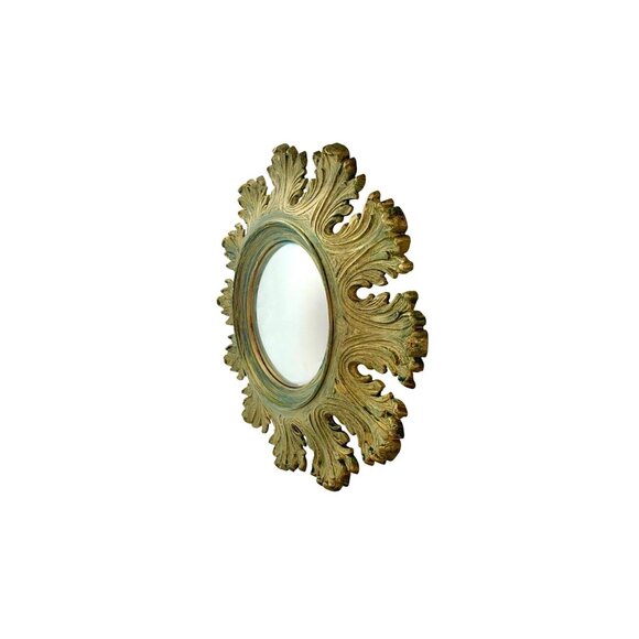 Mirror Sunburst Design Convex Shape andLeaf Motif by Syroco Vintage MCM Decor - Picture 3 of 5